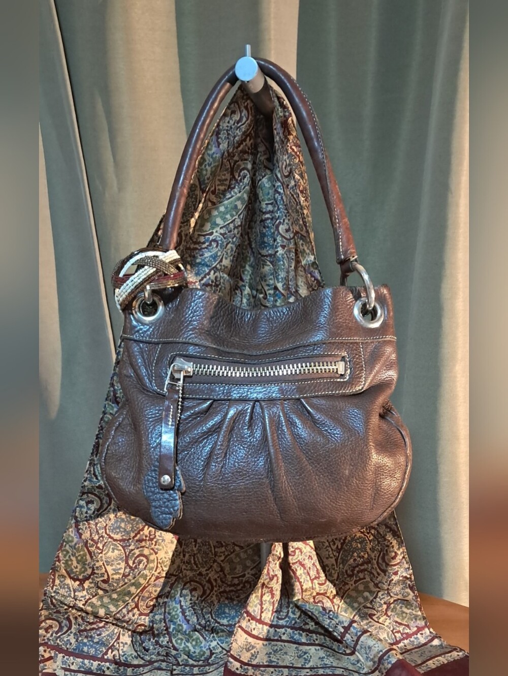 Roots Brown Pebbled Leather Shoulder Bag with Front Zip